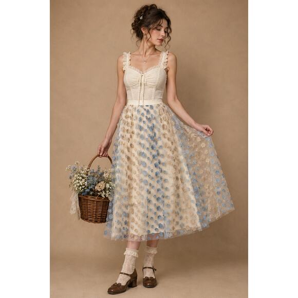 Cato Dresses & Skirts - Floral Sheer Lace Overlay Long Midi Skirt Maxi Boho Cream Blue Cottagecore Small